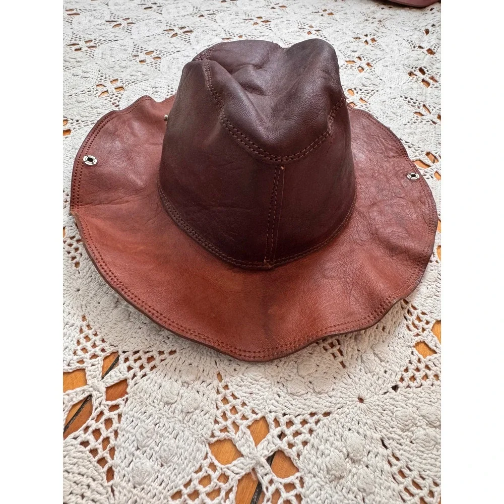 Vintage‎ 70's Brown Leather Rancher Hat Snap Up Brim Western Cowboy S
